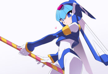 1girl armor blue_armor blue_background blue_eyes blue_helmet commentary_request cowboy_shot fairy_leviathan_(mega_man) fins forehead_jewel head_fins helmet holding holding_polearm holding_weapon kaidou_zx mega_man_(series) mega_man_zero_(series) polearm simple_background solo striped_clothes swimsuit weapon white_background
