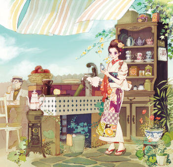1boy 1girl apple apron arrow_print basket black_hair blue_and_white_pottery boater bottle bow bowtie bucket cabinet calendar_(object) chair cloud counter cup dress drinking fence floral_print flower food formal_clothes fruit full_body geta glasses hair_flower hair_ornament hair_up hairband hand_pump hat industrial_pipe japanese_clothes kettle kimono leaf market_stall matsuo_hiromi obi octagon_and_dot opaque_glasses original outdoors overgrown plant plate poppy_(flower) potted_plant print_dress print_kimono pump purple_eyes sandals sash saucer scenery ship_in_a_bottle short_hair sitting sky standing stove suit table tea_set teacup teapot tiles towel traditional_bowtie tree water_pump yagasuri yukata
