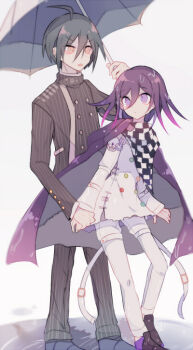 2boys :o aegyo_sal ahoge arm_belt belt belt_buckle black_jacket black_pants black_scarf black_shoes blue_hair blue_shoes blue_umbrella buckle buttons chain checkered_clothes checkered_scarf cloak collared_jacket colored_tips commentary_request danganronpa_(series) danganronpa_v3:_killing_harmony double-breasted dress_pants dress_shoes eyelashes full_body grey_cloak hair_between_eyes height_difference high_collar holding holding_another's_wrist holding_umbrella hood hood_down hooded_cloak jacket layered_sleeves long_sleeves looking_at_another male_focus multicolored_buttons multicolored_hair multicolored_shoes multiple_belts multiple_boys oma_kokichi open_belt open_mouth pants parted_lips patchwork_clothes pinstripe_jacket pinstripe_pants pinstripe_pattern pocket puddle purple_cloak purple_eyes purple_hair purple_shoes saihara_shuichi sakura_(fein5862817) scarf scolding shared_umbrella shoes short_hair standing thigh_belt thigh_strap torn_clothes torn_jacket two-sided_cloak two-sided_fabric two-tone_scarf two-tone_shoes umbrella undershirt v-shaped_eyebrows wet white_background white_belt white_jacket white_pants white_scarf yellow_eyes