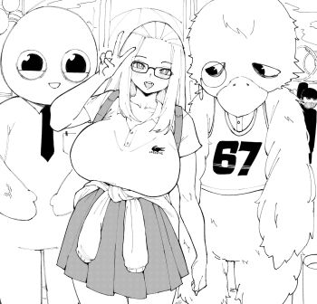 1girl 2others 67_(meme) bangs_pinned_back blush bralines breasts buttons clothes_around_waist collared_shirt commentary english_commentary glasses greyscale hands_up highres huge_breasts inne_sulistya_robin lacoste long_hair mascot mascot_costume meme monochrome multiple_others norman_maggot open_mouth original pleated_skirt shirt short_sleeves skirt standing staring sweater sweater_around_waist teeth v