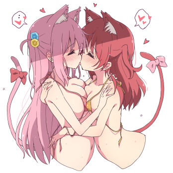 2girls absurdres age_difference animal_ears asymmetrical_docking bikini bikini_top_only blush bocchi_the_rock! bow breast_press breasts cat_ears cat_girl cat_tail closed_eyes commentary_request cube_hair_ornament french_kiss gotoh_hitori green_eyes hair_ornament heart highres kemonomimi_mode kiss kita_ikuyo large_breasts long_hair looking_at_another mel_(melty_pot) multiple_girls navel onee-loli open_mouth pink_bikini pink_bow pink_hair red_bow red_hair simple_background small_breasts smile spoken_heart swimsuit tail tail_bow tail_ornament white_background yellow_bikini yuri