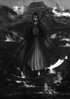 1girl artist_name barefoot closed_mouth commentary_request covered_eyes dark_souls_(series) dark_souls_iii dress dual_wielding fire greyscale highres holding holding_scythe holding_weapon hood long_hair long_sleeves monochrome nun scythe sister_friede solo tripdancer weapon