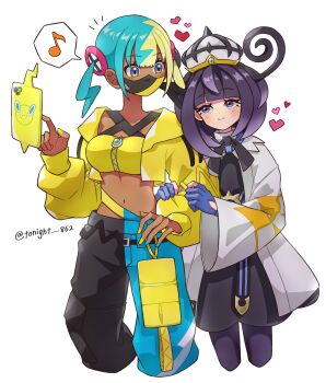 2girls aqua_hair bandeau black_hair black_mask black_pants blonde_hair blue_eyes blue_gloves blue_pants canari_(pokemon) closed_mouth commentary_request dark-skinned_female dark_skin gen_4_pokemon gloves gwynn_(pokemon) hat heart highres jacket looking_at_another midriff multicolored_hair multiple_girls musical_note navel nintendo pants partially_fingerless_gloves pokemon pokemon_legends:_z-a purple_eyes purple_hair rain_(tonight_862) rotom rotom_phone simple_background smile spoken_musical_note twitter_username two-tone_mask two-tone_pants white_background white_hat white_jacket yellow_bandeau yellow_jacket yellow_mask yuri