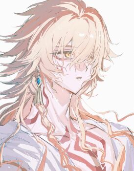 1boy alternate_hair_length alternate_hairstyle blonde_hair braid chest_tattoo facial_tattoo gradient_hair hashtag-only_commentary highres honkai:_star_rail honkai_(series) long_hair male_focus multicolored_hair mydei_(honkai:_star_rail) parted_lips red_hair red_tattoo shirt side_braid simple_background solo tattoo tydjd071 white_background white_shirt yellow_eyes