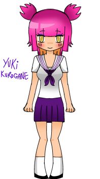 20years black_shoes blue_eyeshadow blush breasts eyeshadow full_body highres looking_at_viewer makeup multicolored_hair neckerchief non-web_source orange_hair original pink_hair purple_neckerchief purple_skirt school_uniform shirt shoes short_hair short_sleeves skirt small_breasts smile socks standing twintails two-tone_hair white_background white_shirt white_socks yellow_eyes yuki_kurogane