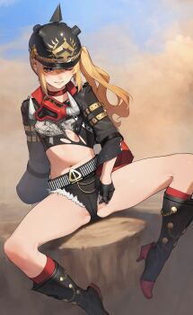 1girl ;) absurdres beeeeen black_boots black_gloves black_helmet blonde_hair blue_sky boots choker combat_helmet crop_top cropped_jacket denim denim_shorts dust gloves hair_between_eyes half_gloves helmet high_heel_boots high_heels highres jacket knee_boots kneehighs long_hair looking_at_viewer luciana_de_montefio micro_shorts midriff mole mole_on_thigh navel one_eye_closed parted_lips partially_visible_vulva pickelhaube red_choker red_eyes red_socks shorts side_ponytail sitting sky smile socks solo spread_legs torn_clothes wide_sleeves zenless_zone_zero