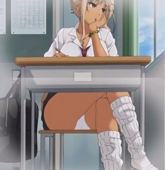 1girl blonde_hair brown_eyes classroom desk gyaru head_rest highres kyonyuu_jk_ga_ojisan_chinpo_to_jupo_jupo_iyarashii_sex_shitemasu loose_socks panties school_uniform screencap sitting skirt socks tazawa_anko underwear upskirt white_panties