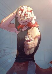 Rule 34 | 1boy, arknights, arm up, bathroom, black shirt, colored tips, commentary, drying, drying hair, english commentary, enmapsycho, fangs, furry, furry male, highres, holding, holding toothbrush, holding towel, horns, hung (arknights), komainu boy, komainu ears, komainu tail, looking at viewer, male focus, multicolored hair, open mouth, red shorts, shirt, shorts, single horn, sleeveless, sleeveless shirt, smile, toothbrush, towel, yellow eyes