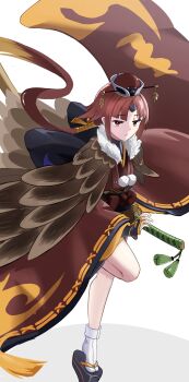 1girl absurdres apron beni-enma beni-enma_(second_ascension) bird bird_hat breasts brown_hat commentary_request fate/grand_order fate_(series) feather_trim full_body hat highres japanese_clothes katana kimono long_hair long_sleeves looking_at_viewer low_ponytail obi open_mouth parted_bangs platform_sandals ponytail red_eyes red_hair red_kimono sandals sash small_breasts socks solo sword very_long_hair weapon white_apron wide_sleeves yugusan5