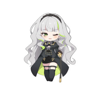 Rule 34 | 1girl, ame., black gloves, black hairband, black jacket, black shoes, black skirt, black thighhighs, breasts, cane, chibi, cleavage, cleavage cutout, clothing cutout, collared shirt, commentary request, dress shirt, firenze (stella sora), full body, gloves, green eyes, green hair, grey hair, grey shirt, hairband, highres, jacket, juliet sleeves, long hair, long sleeves, looking at viewer, medium breasts, multicolored hair, one eye closed, open clothes, open jacket, parted lips, puffy sleeves, shirt, shoes, simple background, skirt, smile, solo, standing, stella sora, streaked hair, thighhighs, very long hair, white background