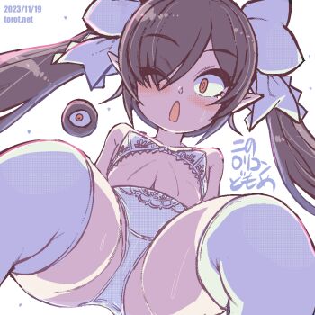 1girl backbeako_(torotei) backbeard black_hair blush bra breasts commentary dated dated_commentary eyes_visible_through_hair female_focus from_below gegege_no_kitarou hair_over_one_eye hair_ribbon kono_lolicon_domome loli long_hair looking_at_viewer navel one_eye_closed open_mouth original paid_reward_available panties pointy_ears red_eyes ribbon simple_background skindentation slit_pupils small_breasts solo sweat thighhighs thighs torotei translated twintails underwear underwear_only watermark web_address white_background white_bra white_panties white_ribbon white_thighhighs wide-eyed