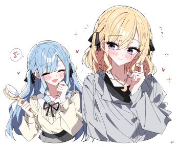2girls bang_dream! bang_dream!_it's_mygo!!!!! black_ribbon blonde_hair blue_hair blush borrowed_hairstyle closed_eyes closed_mouth commentary grey_jacket hair_between_eyes hair_brush hair_ribbon heart highres holding holding_hair_brush jacket long_hair long_sleeves medium_hair misumi_uika multiple_girls neck open_mouth purple_eyes ribbon shirt sidelocks simple_background symbol-only_commentary togawa_sakiko twintails white_background white_shirt zhanzhangzlw