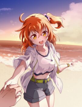 0nodera 1girl ahoge belt commentary_request fate/grand_order fate_(series) fujimaru_ritsuka_(female) fujimaru_ritsuka_(female)_(summer_street) green_belt grey_shorts hair_between_eyes hair_ornament hair_scrunchie jacket jewelry looking_at_viewer midriff necklace ocean one_side_up open_mouth orange_hair outdoors pov scrunchie shirt shore shorts solo_focus white_jacket white_shirt