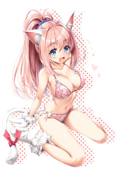 Rule 34 | 1girl, :d, animal ear fluff, animal ears, bare shoulders, bell, bikini, breasts, cat ears, cat girl, cat tail, cleavage, collarbone, commentary request, floral print, fur-trimmed gloves, fur trim, gloves, heart, highres, jingle bell, kamiya tomoe, large breasts, long hair, melody sinclair, neck bell, open mouth, pink hair, ponytail, print bikini, shoes, short sleeves, sitting, smile, solo, swimsuit, tail, very long hair, wariza, white background, white bikini, white gloves, white shoes, yuukyuu gensoukyoku, yuukyuu gensoukyoku revival