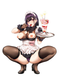 1girl apron bikini black_bow black_bowtie black_dress black_shoes blunt_bangs bow bowtie breasts brown_gloves brown_thighhighs danimaru detached_collar dress food frilled_apron frills fruit gloves groin hair_ornament hairclip high_heels highres holding holding_food holding_fruit holding_tray lace lace-trimmed_panties lace_trim large_breasts licking looking_at_viewer maid maid_apron maid_bikini maid_headdress nipples open_mouth original panties pink_eyes puffy_short_sleeves puffy_sleeves purple_hair purple_panties shoes short_hair short_sleeves sidelocks simple_background skindentation smile solo spread_legs squatting striped_clothes striped_panties swimsuit thighhighs torn_clothes tray unconventional_maid underwear vertical-striped_clothes vertical_stripes waist_apron white_apron white_background wrist_cuffs