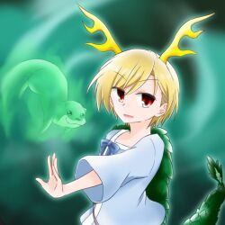 Rule 34 | 1girl, antlers, blonde hair, blue shirt, dragon girl, dragon horns, dragon tail, horns, kicchou yachie, otter, otter spirit (touhou), penpenpeint, red eyes, shirt, short hair, square neckline, tail, touhou, turtle shell, wily beast and weakest creature, yellow horns