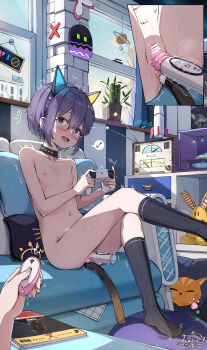 1girl 1other anal anal_beads anal_object_insertion anal_tail animal_ears artist_name bdsm black_socks brown_eyes butt_plug cat_ears cat_tail censored collar controller dildo fake_animal_ears fake_tail flat_chest game_controller highres holding holding_controller holding_game_controller indoors liclac loli nagato_yuki navel nipples nude object_insertion pet_play purple_hair remote_control sex_toy short_hair sitting slave socks solo_focus suzumiya_haruhi_no_yuuutsu tail vaginal vaginal_object_insertion window