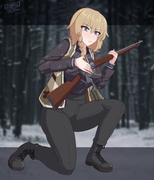 1girl absurdres asymmetrical_sidelocks black_jacket blonde_hair blue_eyes braid braided_sidelock breasts bullet commentary commission english_commentary full_body gun highres holding holding_weapon hunting_rifle jacket julian_belkan kneeling large_breasts looking_down messy_hair myroslava_bozhuk original reloading rifle sidelocks ukrainian_clothes weapon winchester_model_1895