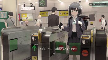 1other 3boys 4girls aqua_eyes backpack bag black_hair ceiling_light clock drone fake_screenshot fare_gate hair_ribbon highres holding_strap in_bag in_container lost_property_control_organization_(samidare) money multiple_boys multiple_girls name_tag protagonist_(lost_property_control_organization) revision ribbon samidare_(hoshi) school_uniform short_hair sign subtitled subway subway_station t-6407j_(samidare) ticket_machine train_station tunnel white_ribbon yen