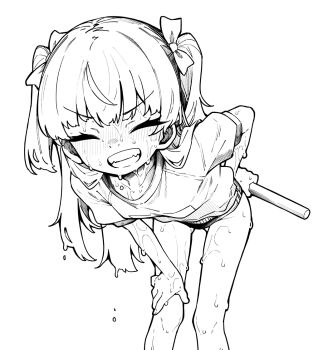 Rule 34 | 1girl, bent over, closed eyes, commentary request, facing viewer, flat chest, greyscale, grin, gym uniform, long hair, monochrome, okuva, original, relay baton, smile, solo, sweat, teeth, very sweaty