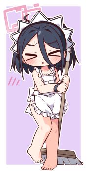 Rule 34 | > <, 1girl, :o, absurdres, apron, barefoot, black hair, blue archive, blush, border, broom, closed eyes, collarbone, commentary request, double-parted bangs, frilled apron, frills, full body, hair between eyes, halo, hana kazari, highres, holding, holding broom, kei (blue archive), long hair between eyes, maid headdress, naked apron, open mouth, outline, outside border, pink halo, purple background, rectangular halo, short hair, simple background, solo, standing, sweatdrop, white apron, white border, white outline