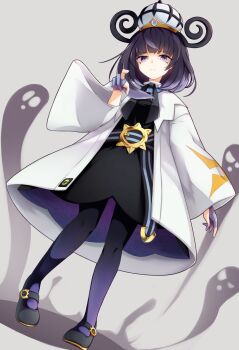 1girl belt belt_buckle black_dress black_hair black_pantyhose black_shoes blue_gloves bob_cut buckle closed_mouth coat commentary_request dress full_body ghost gloves gradient_hair gradient_pantyhose gwynn_(pokemon) hat highres long_sleeves looking_at_viewer mega_stone multicolored_hair nintendo nylon77_degrees_celsius o-ring o-ring_belt open_clothes open_coat pantyhose partially_fingerless_gloves pokemon pokemon_legends:_z-a purple_eyes purple_hair purple_pantyhose shoes short_hair simple_background standing white_coat wide_sleeves