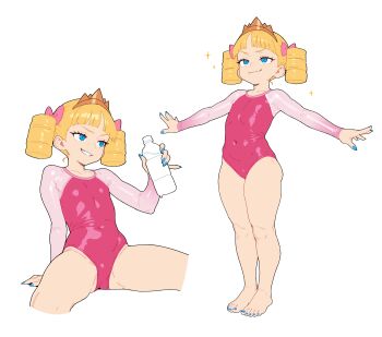 1girl absurdres arm_support athletic_leotard barefoot bingbingzi blonde_hair blue_eyes blue_nails bottle bow covered_navel cropped_legs drill_hair feet full_body grin hair_bow highres holding holding_bottle leotard loli looking_ahead looking_to_the_side multiple_views nail_polish original pear-shaped_figure pink_bow pink_leotard princess_(bingbingzi) sitting sleeved_leotard smile smug standing tiara toenail_polish toenails toes twin_drills water_bottle white_background