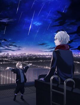 2boys black_jacket black_pants black_shoes blue_sky brown_hair cityscape cloud commentary_request earrings feet_out_of_frame full_body green_eyes grey_hair grey_sweater highres jacket jewelry kanae_(8th_costume)_(nijisanji) kanae_(nijisanji) kuzuha_(5th_costume)_(nijisanji) kuzuha_(nijisanji) ladder long_sleeves looking_up male_focus multiple_boys nana72710193 necklace night night_sky nijisanji open_mouth outdoors outstretched_arms pants pants_rolled_up railing red_eyes red_scarf ribbed_sweater scarf shadow shoes shooting_star short_hair sitting sky smile spread_arms star_(sky) starry_sky sweater virtual_youtuber