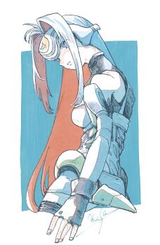 1girl android bare_shoulders breasts cyborg elbow_gloves fingerless_gloves forehead_protector gloves kos-mos long_hair medium_breasts michibata_65 partially_colored solo xenosaga xenosaga_episode_i