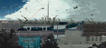 Rule 34 | absurdres, aerial battle, aircraft, airplane, battle, black smoke, blue sky, building, cascadian flag, cascadian independence force, ch-47 chinook, city, cityscape, cloud, cloudy sky, contrail, destruction, english text, fire, graffiti, hanged, helicopter, highres, mikecraftz, military, military vehicle, missile trail, motor vehicle, pixel art, poster (object), project wingman, projectile trail, road, rope, scenery, sky, skyscraper, street, tank, transmission tower, war, weapon