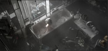 1girl 3d bathing bathtub bottle box breasts cardboard_box clipboard commentary day desk desk_lamp electric_fan english_commentary euroroyan faucet film_grain from_above glass_bottle highres lamp long_hair medium_breasts muted_color no_nipples nude original reflection shelf solo sunlight tile_floor tiles water wheelchair wide_shot window