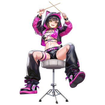 1girl animal_ear_hood bad_link baggy_pants baseball_cap belt black_belt black_bra black_collar black_hair black_jacket black_pants black_shoes black_shorts blonde_hair blunt_bangs bra bracelet breasts breasts_apart chain chest_belt clothing_cutout collar colored_inner_hair crescent crescent_hair_ornament criss-cross_strings cropped_jacket detached_pants dog_girl dog_tail drumsticks fake_animal_ears fangs full_body groin_tendon hair_ornament hat hat_under_hood highres holding holding_drumsticks hood hooded_jacket jacket jewelry last_origin looking_at_viewer medium_breasts multicolored_hair multicolored_jacket multicolored_shoes multiple_belts nail_polish navel o-ring o-ring_bra official_alternate_costume official_art on_stool open_clothes open_jacket open_mouth pants paw_print paw_print_soles pink_belt pink_bra pink_hat pink_jacket pink_nails pink_shoes shoes short_hair short_shorts short_tail shorts simple_background sitting slit_pupils smile sneakers solo spiked_bracelet spikes stool string_bra studded_collar tachi-e taesi tail teeth thick_eyebrows thigh_belt thigh_strap tongue transparent_background two-tone_bra two-tone_hair two-tone_jacket two-tone_shoes underbust underwear vargr_(last_origin) yellow_eyes