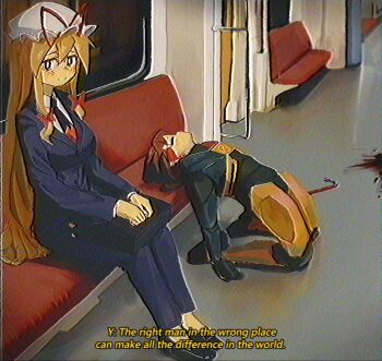 2girls blonde_hair blood blood_on_ground blood_splatter blue_jacket blue_pants breasts briefcase brown_hair commission cosplay crowbar english_text formal_clothes g-man g-man_(cosplay) gordon_freeman gordon_freeman_(cosplay) hakurei_reimu half-life half-life_(series) half-life_2 hev_suit highres jacket long_hair looking_at_viewer medium_breasts multiple_girls nagilamagykalz necktie pants red_necktie shirt sitting suit touhou train_interior unconscious very_long_hair vhs_artifacts white_shirt yakumo_yukari