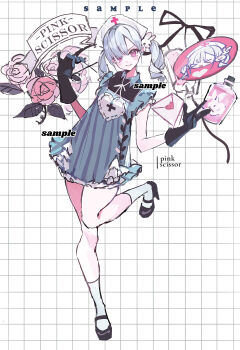 Rule 34 | 1girl, absurdres, bare legs, black gloves, cross, dress, drill hair, frilled dress, frills, gloves, grid background, hair ornament, hat, highres, holding, holding scissors, kneehighs, mary janes, neck ribbon, nurse cap, original, pink eyes, pukiko99, rabbit hair ornament, ribbon, rubber gloves, sample watermark, scissors, shoes, simple background, sleeveless, sleeveless dress, socks, solo, striped clothes, striped dress, twin drills, vertical-striped clothes, vertical-striped dress, watermark, white hair, white socks