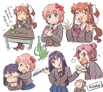 4girls blue_eyes brown_hair brown_jacket brown_leggings doki_doki_literature_club doki_doki_literature_club_school_uniform holding holding_knife jacket knife leggings monika_(doki_doki_literature_club) multiple_girls natsuki_(doki_doki_literature_club) neck_ribbon open_clothes open_jacket orange_shirt pink_eyes pink_hair pleated_skirt purple_eyes purple_hair red_ribbon ribbon sayori_(doki_doki_literature_club) school_uniform shirt short_twintails skirt sweatdrop translation_request tsubobot twintails yuri_(doki_doki_literature_club)