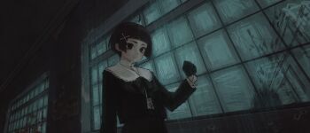 1girl absurdres ahoge black_eyes black_gloves black_hair black_shirt black_skirt blood blood_splatter expressionless gloves hair_ornament highres inai_the_maid indoors looking_at_viewer original sailor_collar shirt short_hair skirt solo x_hair_ornament