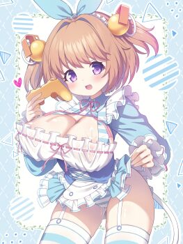 1girl :d absurdres apron areola_slip blue_border blue_bow blue_dress border bow breasts brown_hair cleavage clothes_lift controller cosplay dress dress_lift frilled_dress frilled_sleeves frills game_controller garter_straps hair_bobbles hair_bow hair_ornament highres holding holding_controller holding_game_controller lactation lactation_through_clothes large_breasts looking_at_viewer open_mouth original panties purple_eyes pussy_juice pussy_juice_drip_through_clothes sasakura_momiji see-through_clothes see-through_dress smile solo standing striped_clothes striped_panties thighhighs underwear white_apron white_background white_garter_straps white_thighhighs