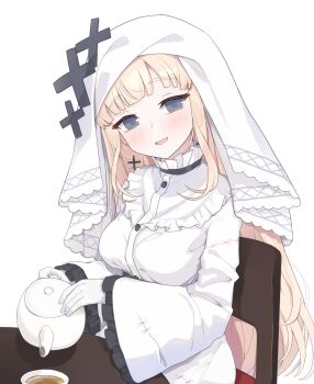 Rule 34 | 1girl, aku oribi, black eyes, blonde hair, blush, breasts, commentary, cross, cross earrings, cup, dress, earrings, english commentary, gloves, highres, hikami meruru, holding, holding teapot, jewelry, large breasts, long hair, long sleeves, looking at viewer, mahou shoujo no majo saiban, mixed-language commentary, nun, open mouth, simple background, sitting, smile, solo, teacup, teapot, veil, white background, white dress, white gloves, white veil