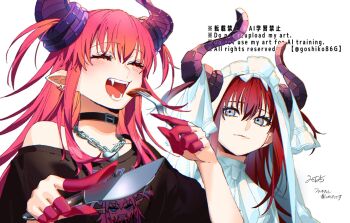 2025 2girls artist_name asymmetrical_horns black_choker black_shirt blue_eyes chain chain_necklace choker closed_eyes closed_mouth ear_piercing eating elizabeth_bathory_(avenger)_(fate) elizabeth_bathory_(perfect)_(first_ascension)_(fate) english_text fangs fate/grand_order fate_(series) goshiko86g happy heart heart_necklace horns jewelry long_hair looking_at_another multiple_girls neck_ribbon necklace open_mouth piercing pink_hair red_hair ribbon shirt sidelocks single_off_shoulder smile uneven_horns veil white_headdress white_veil