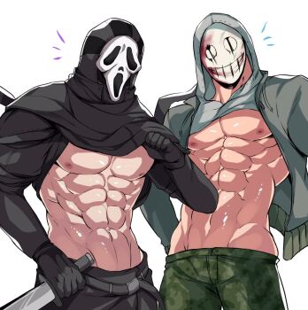 2boys abs bara bare_pectorals black_gloves black_pants blood blood_on_mask chan_kuro_(azsdi4e) clothes_lift dead_by_daylight ghostface gloves green_pants grey_jacket highres holding holding_knife holding_weapon hood hood_up hoodie jacket knife large_pectorals male_focus mask multiple_boys muscular muscular_male navel nipples open_clothes open_jacket pants pectorals scream_(movie) the_legion_(dead_by_daylight) weapon