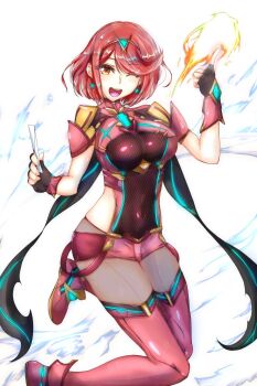 1girl backless_outfit black_gloves bob_cut breasts chest_jewel commentary_request core_crystal_(xenoblade) earrings fingerless_gloves floating_earrings gloves highres impossible_clothes jewelry large_breasts lenie601 nintendo pantyhose pantyhose_under_shorts pyra_(xenoblade) red_eyes red_hair red_shorts red_thighhighs short_hair short_sleeves shorts smile solo super_smash_bros. swept_bangs thighhighs thighhighs_over_pantyhose tiara xenoblade_chronicles_(series) xenoblade_chronicles_2