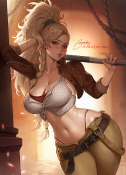 1girl asymmetrical_hair blonde_hair blue_eyes bootybear braid breasts cleavage crop_top cropped_jacket freckles gemma_(monster_hunter_wilds) highleg highleg_panties highres jacket large_breasts leather leather_belt leather_jacket lips long_hair looking_at_viewer monster_hunter_(series) monster_hunter_wilds multiple_braids navel open_clothes open_jacket panties patreon_username ponytail signature solo underwear wide_hips