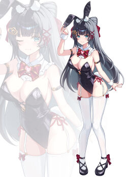 1girl absurdres animal_ears black_hair black_leotard black_shoes blue_eyes bow bowtie breasts closed_mouth fake_animal_ears fake_tail garter_straps hand_up highres large_breasts leotard long_hair looking_at_viewer playboy_bunny rabbit_ears rabbit_tail shirayuki_hina shoes simple_background solo stellive tail thighhighs virtual_youtuber white_background white_garter_straps white_thighhighs white_wrist_cuffs wrist_cuffs yulha_06 zoom_layer