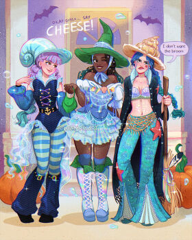 3girls aqua_hair artist_name bell-bottoms bikini bikini_top_only black_coat black_hair black_leotard blue_boots blue_dress blue_hair blue_hat blue_pants blue_pantyhose boots broom coat cora_(luztapiaart) dark-skinned_female dark_skin dress english_text green_hat green_pantyhose halloween halloween_costume hat highres holding holding_broom knee_boots leotard lila_(luztapiaart) long_hair luztapiaart multicolored_hair multiple_girls navel one_eye_closed open_clothes open_coat original pants pantyhose pumpkin purple_hair shell shell_bikini shell_hat speech_bubble striped_clothes striped_pantyhose swimsuit two-tone_hair two-tone_pantyhose very_dark_skin victoria_(luztapiaart) watermark witch_hat