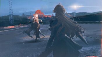 Rule 34 | architecture, arknights, artist request, blue sky, cowboy shot, demon tail, facing away, floating hair, full body, game cg, highres, hood, hood up, horns, kristen (arknights), long hair, mountain, nasti (arknights), official art, outdoors, power lines, sky, tail, third-party source, transmission tower