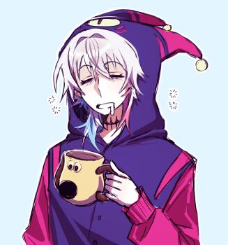 1boy animal_cup animal_hood blue_hair closed_eyes coffee_mug cup drooling ear_bell gavis_bettel gromit hair_between_eyes highres holding holding_cup holostars holostars_english hood hoodie long_sleeves male_focus mug multicolored_hair neck_tattoo nonsensemanna one-eyed open_mouth phantom_(gavis_bettel) pink_hair pink_sleeves purple_hoodie sleepy solo squeans tattoo upper_body virtual_youtuber wallace_&amp;_gromit white_background white_hair