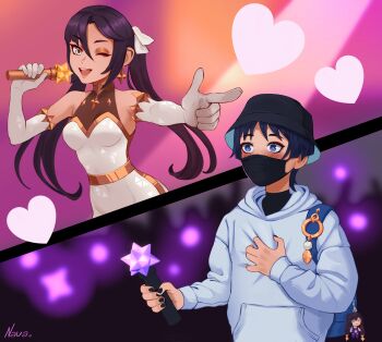 1boy 1girl absurdres alternate_costume aqua_eyes armpit_crease artist_name backpack bag bare_shoulders black_hair black_mask black_nails black_shirt blue_bag blue_eyes blue_hoodie blue_sleeves blunt_bangs blunt_ends blush bodystocking bodysuit bright_pupils brown_eyeshadow character_doll clutching_chest contemporary doll elbow_gloves feathers genshin_impact gloves gold hair_between_eyes hand_on_own_chest hand_up heart hetero highres holding holding_microphone hood hood_down hoodie idol long_hair long_sleeves mask microphone mona_(genshin_impact) mouth_mask navadraw one_eye_closed open_mouth outstretched_arm parted_bangs pointing pointing_at_another pom_pom_(clothes) scaramouche_(genshin_impact) shirt split_screen teeth turtleneck turtleneck_shirt twintails undershirt upper_teeth_only white_bodysuit white_gloves white_pupils wide-eyed yellow_feathers