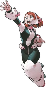 1girl belt black_bodysuit bodysuit boku_no_hero_academia boots breasts brown_eyes brown_hair female_focus full_body headgear highres horikoshi_kouhei large_breasts long_sleeves medium_hair official_art open_mouth pants pink_belt pink_boots reaching sexually_suggestive simple_background skin_tight skin_tight_clothing solo solo_focus stitched superhero_costume teeth third-party_edit tight_clothes tight_pants uraraka_ochako uraraka_ochako_(hero_outfit) white_background