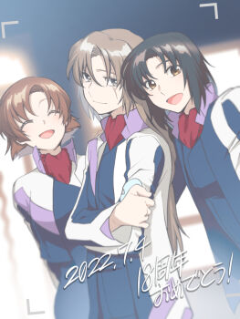 Rule 34 | 1girl, 2boys, alvis uniform, ascot, black hair, blue dress, blue vest, blurry, brown hair, closed eyes, closed mouth, commentary request, crossed arms, dated, depth of field, dress, hand on another's shoulder, jacket, long hair, looking at viewer, low ponytail, makabe kazuki, male focus, minashiro soushi, multiple boys, nagi (exsit00), open clothes, open jacket, open mouth, orange hair, ponytail, red ascot, scar, scar across eye, scar on face, short hair, smile, soukyuu no fafner, toomi maya, vest, viewfinder