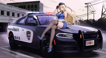 1girl absurdres aged_up bad_anatomy black_gloves black_thighhighs blonde_hair breasts car cleavage commission cuffs dodge_charger dodge_charger_(7th_generation) garbage garter_straps gloves hair_intakes handcuffs hat high_heels highleg highleg_panties highres kcar66t konjiki_no_yami large_breasts long_hair motor_vehicle navel panties parking_lot police police_car police_hat police_station police_uniform red_eyes thighhighs to_love-ru underwear utility_pole very_long_hair